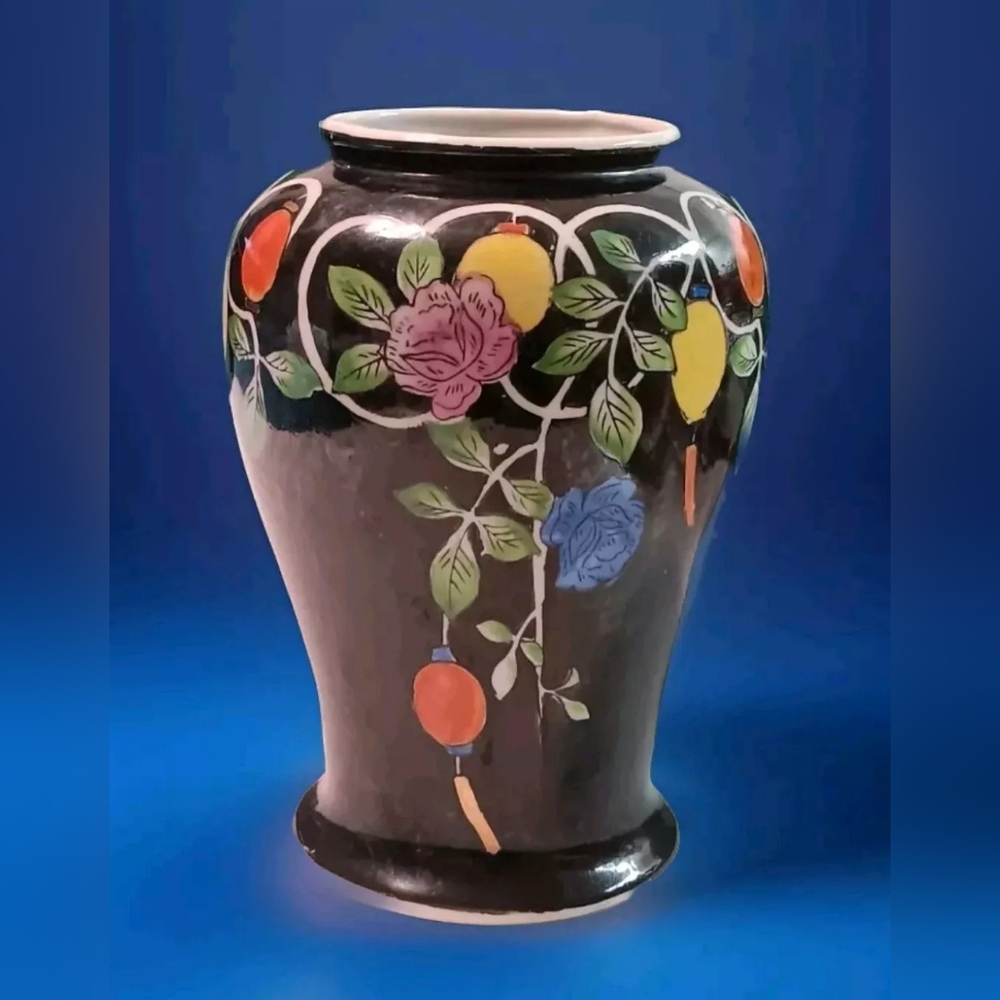 Vintage Asian Floral Lanterns Ginger Jar Vase Black/Vibrant Colors Hand Painted
